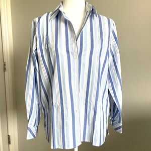 FOXCROFT Blue & White Striped Shirt, Button Down Top, Wrinkle Free, 8 Petite
